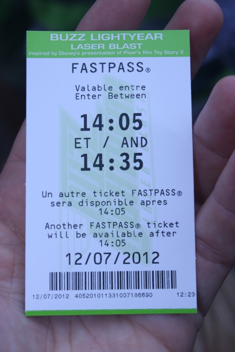 My Fastpass for Buzz Lightyear Laser Blast (issued 12:23pm for a 2:05pm ride!)
